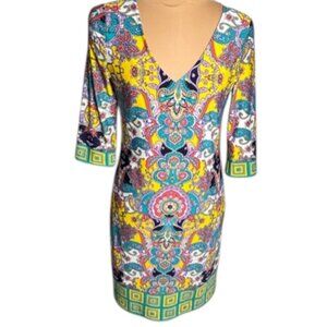 Tracy Negoshain Bollywood 3/4 Sleeve V-neck Shift Dress Size XS Multicolor